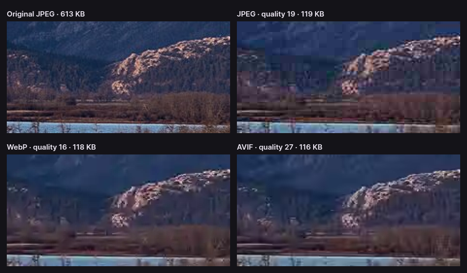 Four versions of the same hillside. The original JPEG is crisp. At about 120 KB the JPEG has broken into square blocks, the WebP has smeared the forest into flat patches, and the AVIF is softer than the original but keeps the ridge line and the rock texture intact.