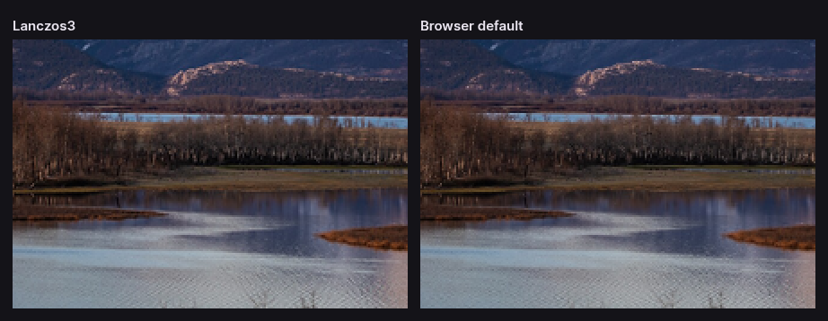 The same lake shore reduced from 1920 to 640 pixels wide, twice: with Lanczos3 the bare branches and the ripples on the water stay distinct; with the browser default they blur together.
